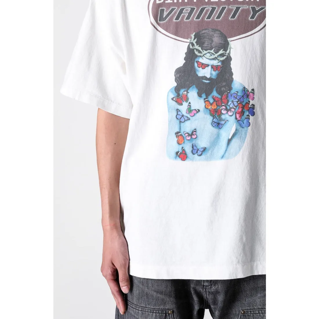 SAINT Mxxxxxx VANITY SS TEE/WHAT Jesus Butterfly Print Short Sleeve Off-White S-XL Cylindrical No Side Seam Fabric 220g High Weight OE Yarn ⚠️Note: It’s almost meaningless if it is not a cylindrical fabric Customized CPFM co-branded main mark/wash mark/little angel anti-counterfeiting label Original-level printing manufacturer Top purchasing level